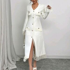 Women SolidColor V-Neck Long Sleeve Single-Breasted Elegant Fringe Long Cardigan